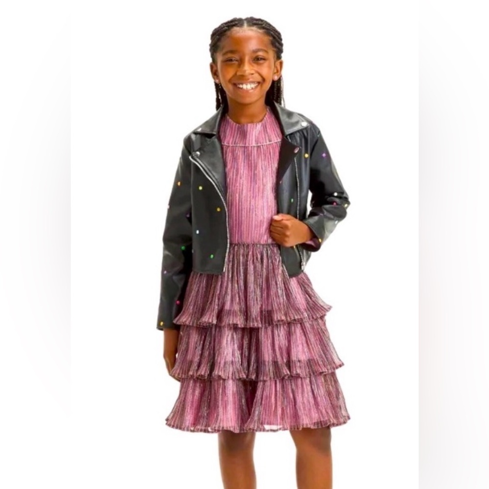 NWT FAO Schwarz Girls Pink Tiered Dress with Black leather moto Jacket size 4/5